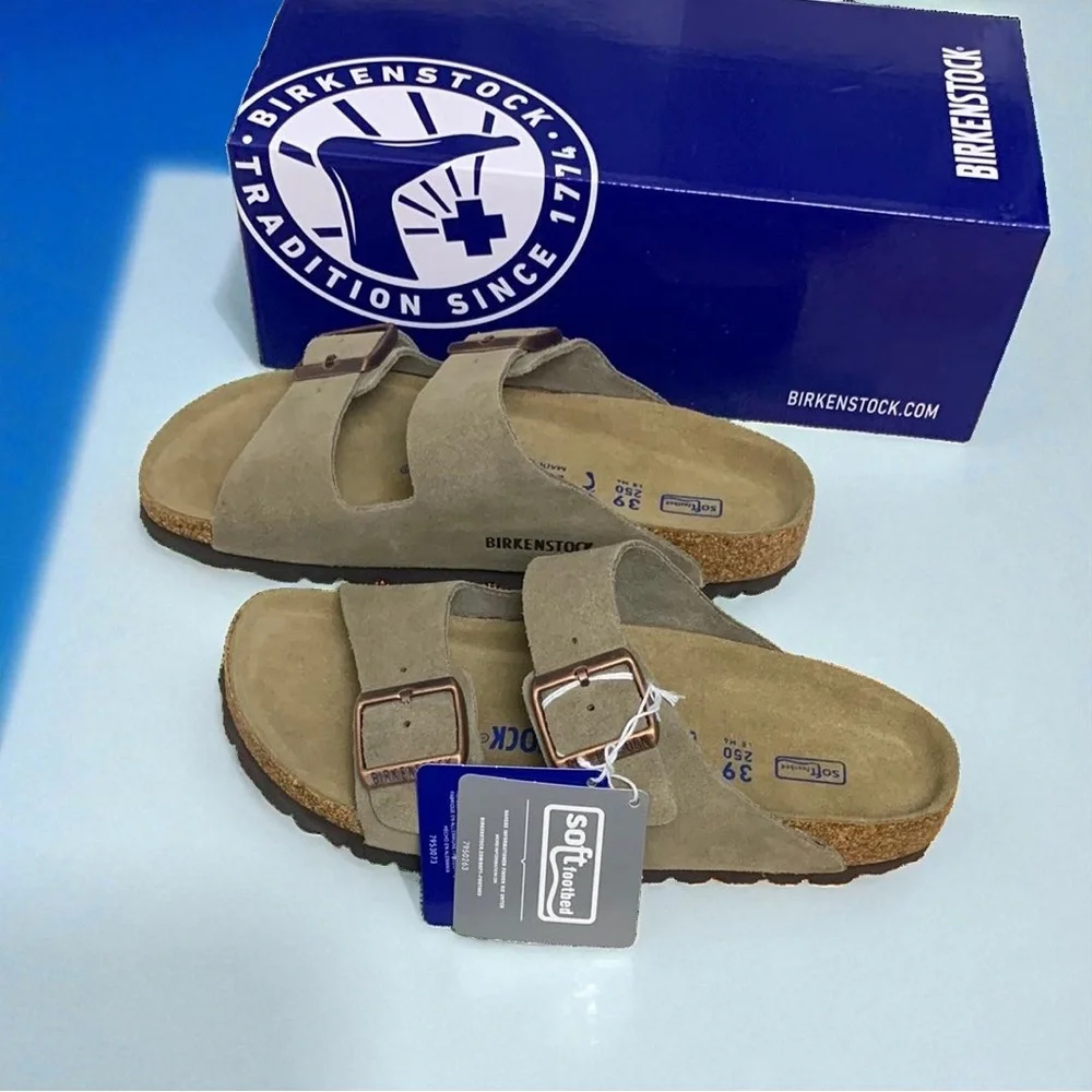 Birkenstock Arizona Suede Double Buckle Sandals taupe comfort sole - Picture 6 of 8